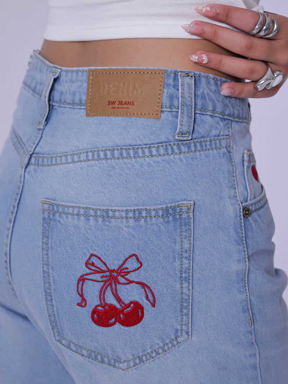 Summer Blue Embroidered Wide Leg Jeans