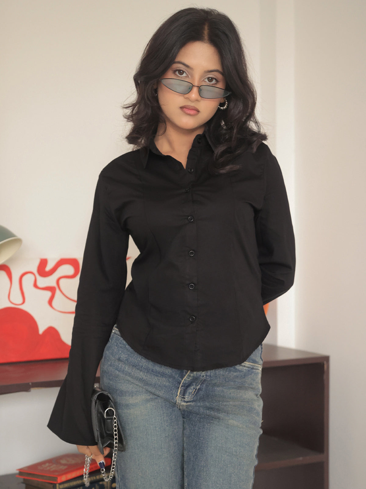 Black Flared Sleeve Y2K Fitted Shirt