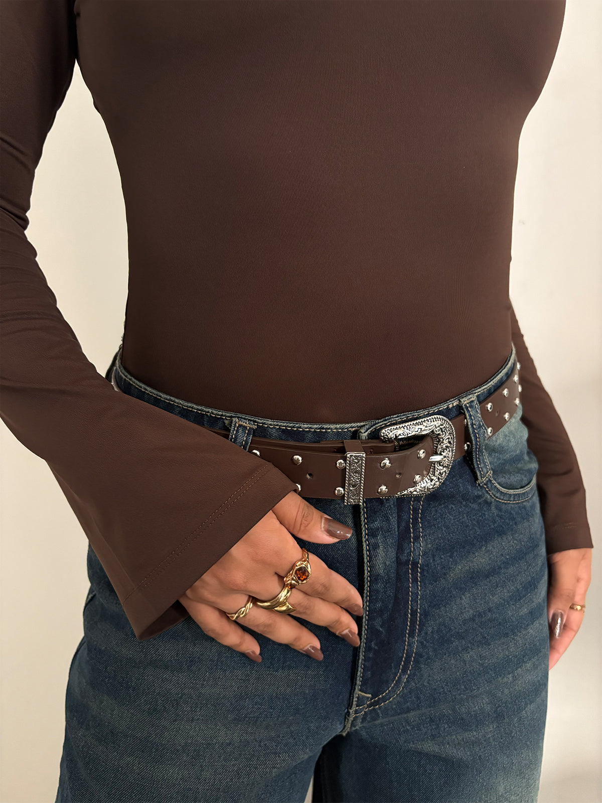 Chocolate Brown Boat Neck Bell Sleeve Slim Fit Top