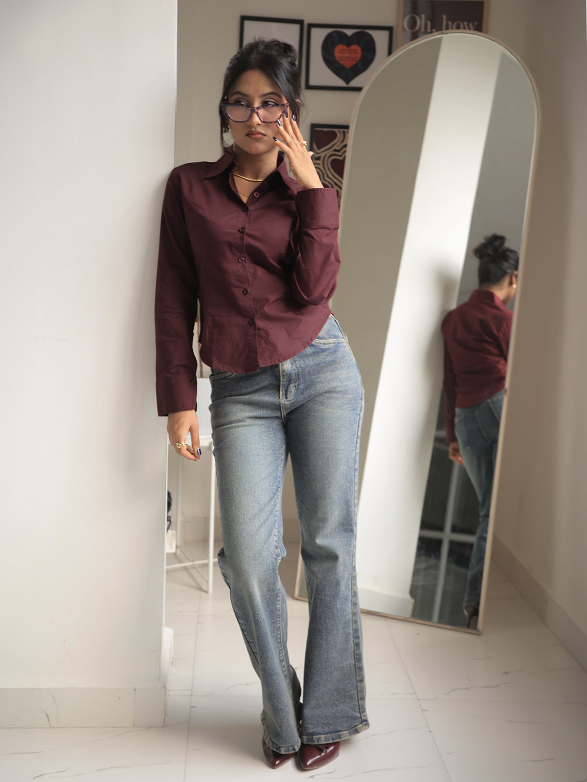 Deep Cherry Long Sleeve Y2K Fitted Shirt