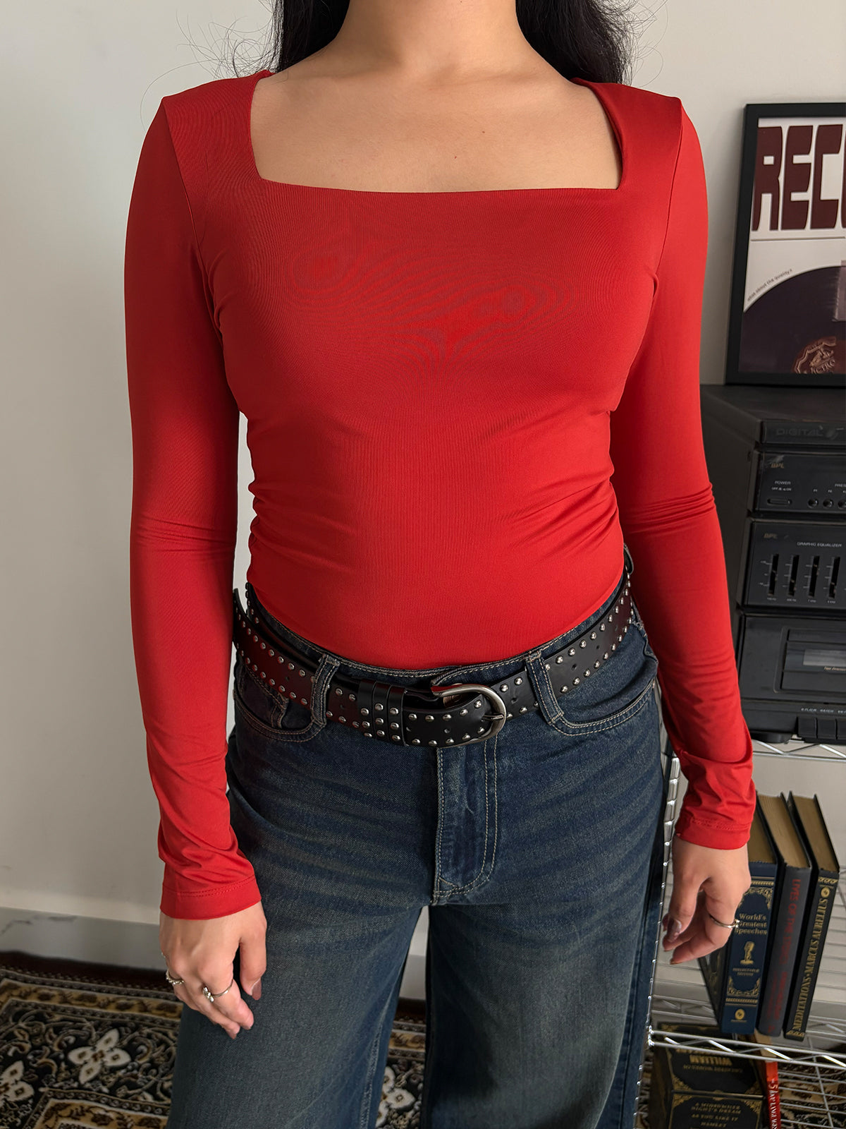 Red Square Neck Long Sleeve Slim Fit Top