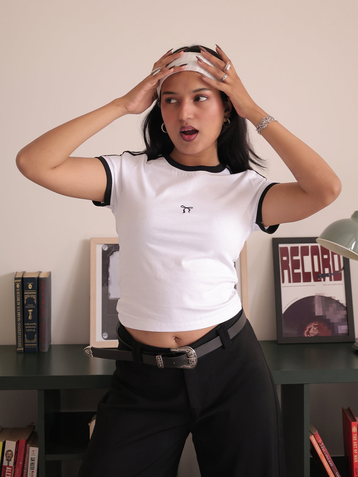 White Contrast Detail Bow Embroidered Baby Tee
