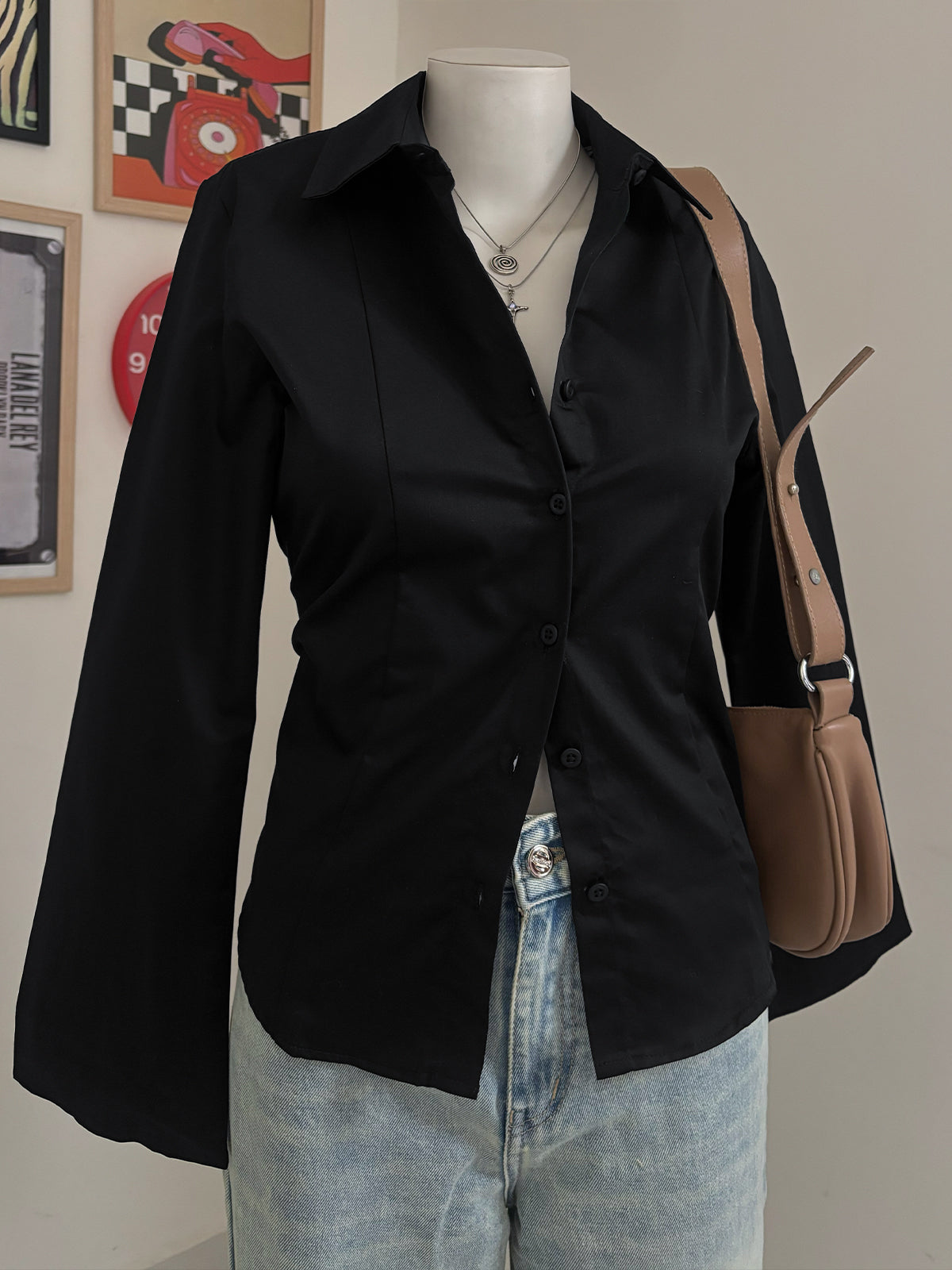 Black Flared Sleeve Y2K Fitted Shirt