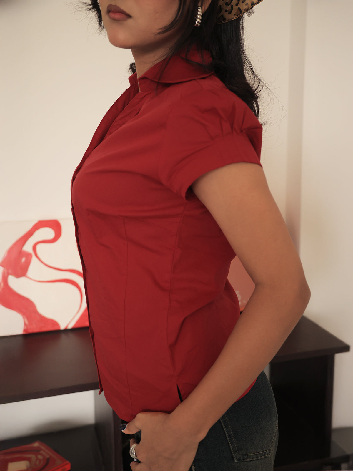 Red Short Sleeve Y2K Fitted Shirt