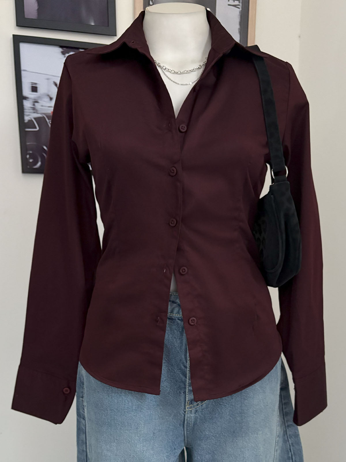Chocolate Brown Long Sleeve Y2K Fitted Shirt