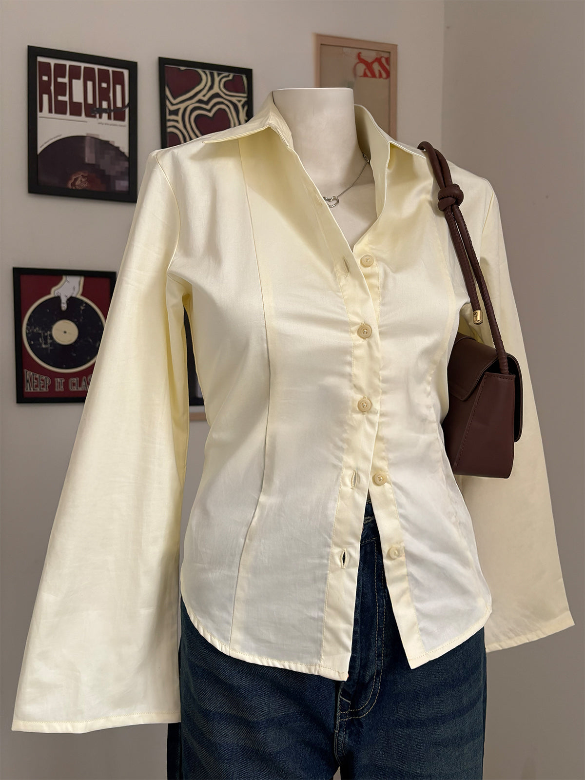 Butter Yellow Flared Sleeve Y2K Fitted Shirt