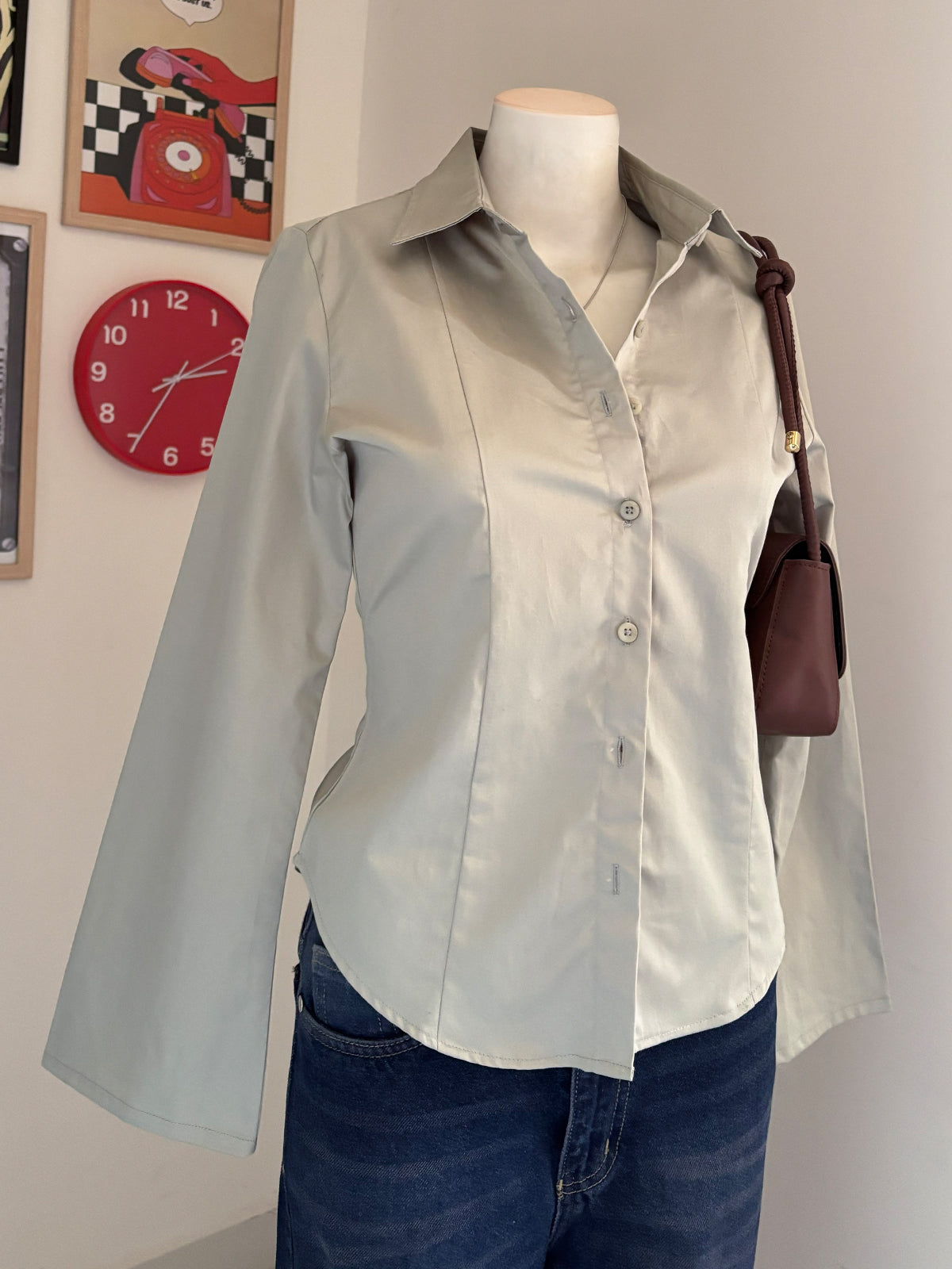 Sage Green Flared Sleeve Y2K Fitted Shirt