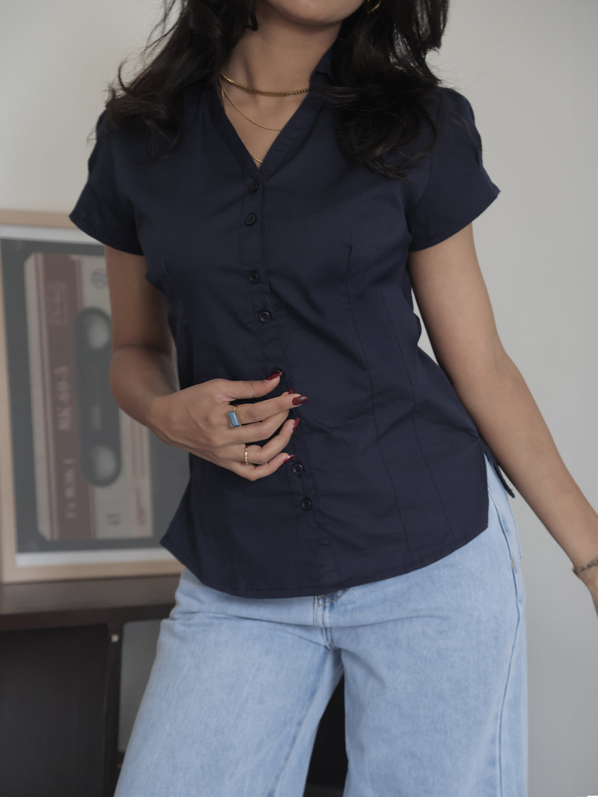 Navy Short Sleeve Y2K Fitted Shirt