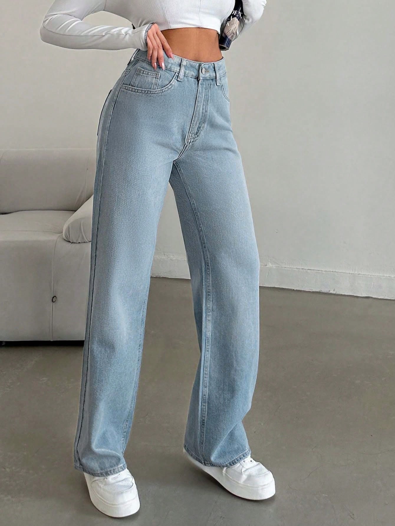 Ice Blue Washed Straight Leg Jeans