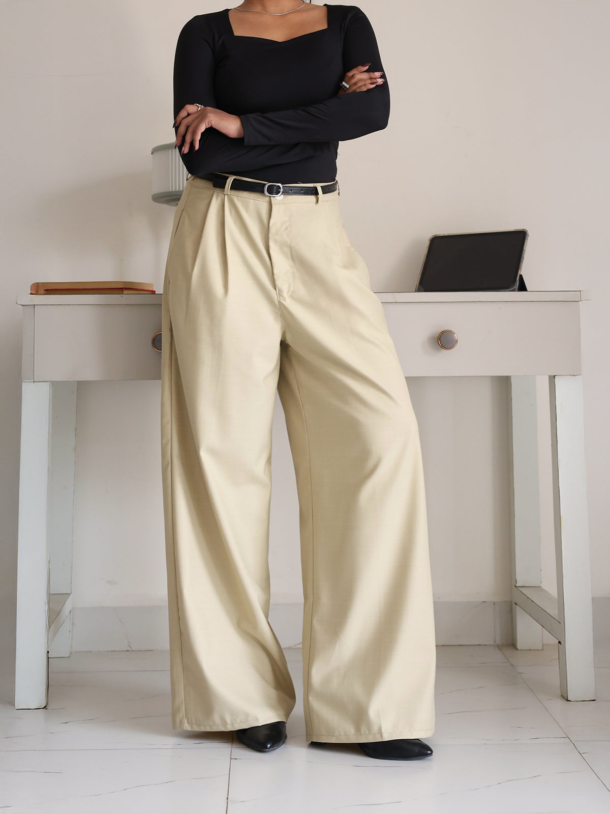 Vanilla Beige Belted Wide Leg Korean Pant