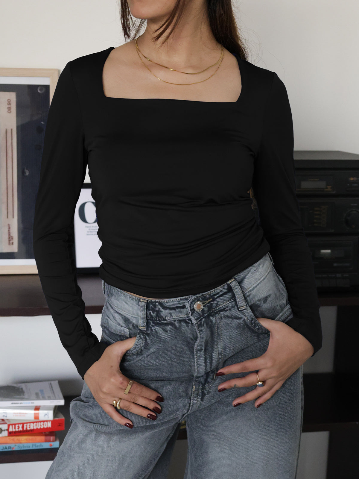 Black Square Neck Long Sleeve Slim Fit Top