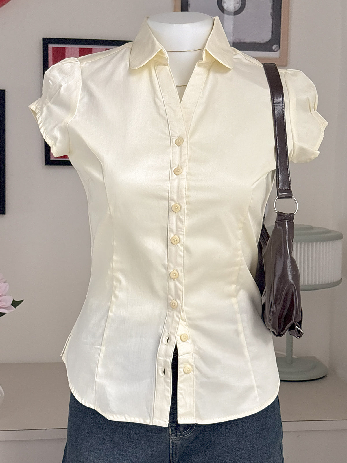 Butter Yellow Short Sleeve Y2K Fitted Shirt