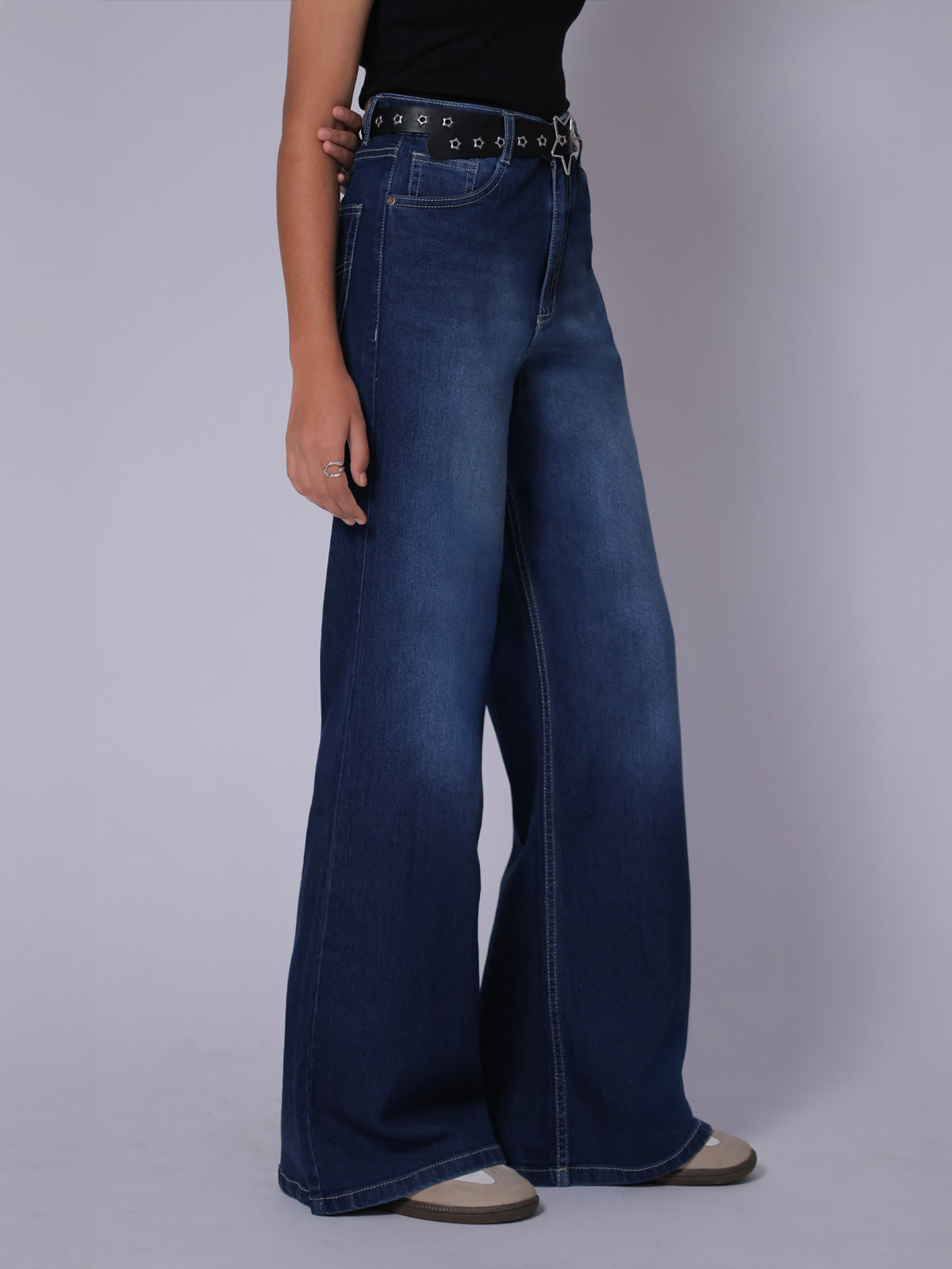Luxe Premium Midnight Blue Washed Stretchable Wide Leg Jeans