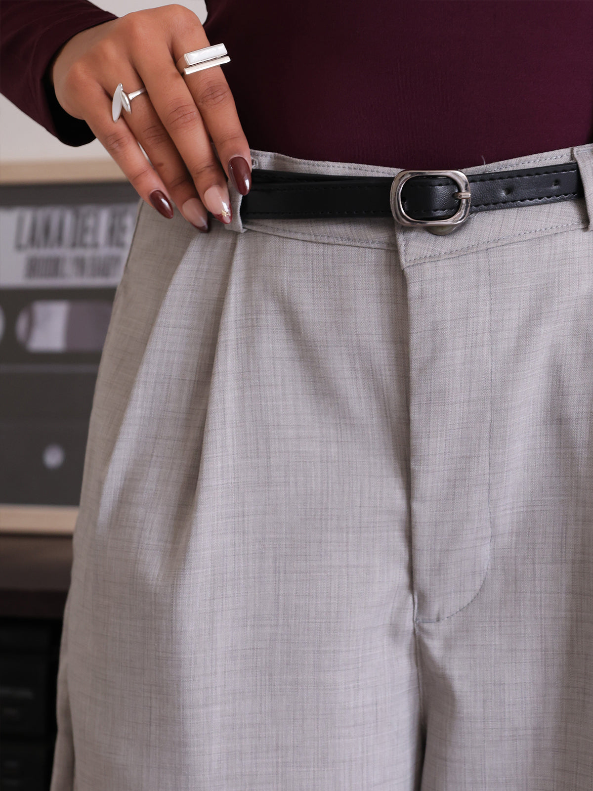 Oat Milk Belted Wide Leg Korean Pant