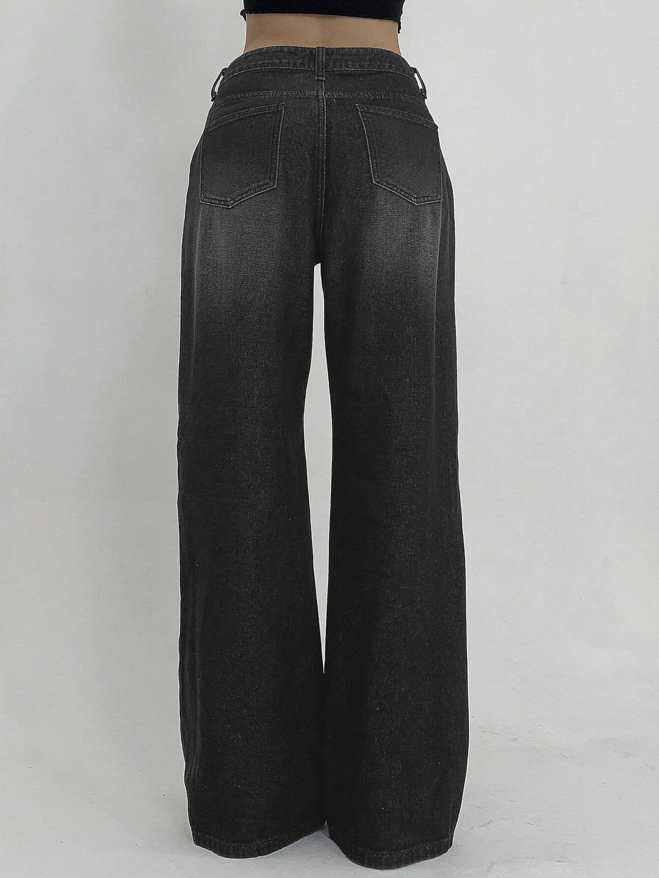 Space Black Washed Low Waist Wide Leg Jeans