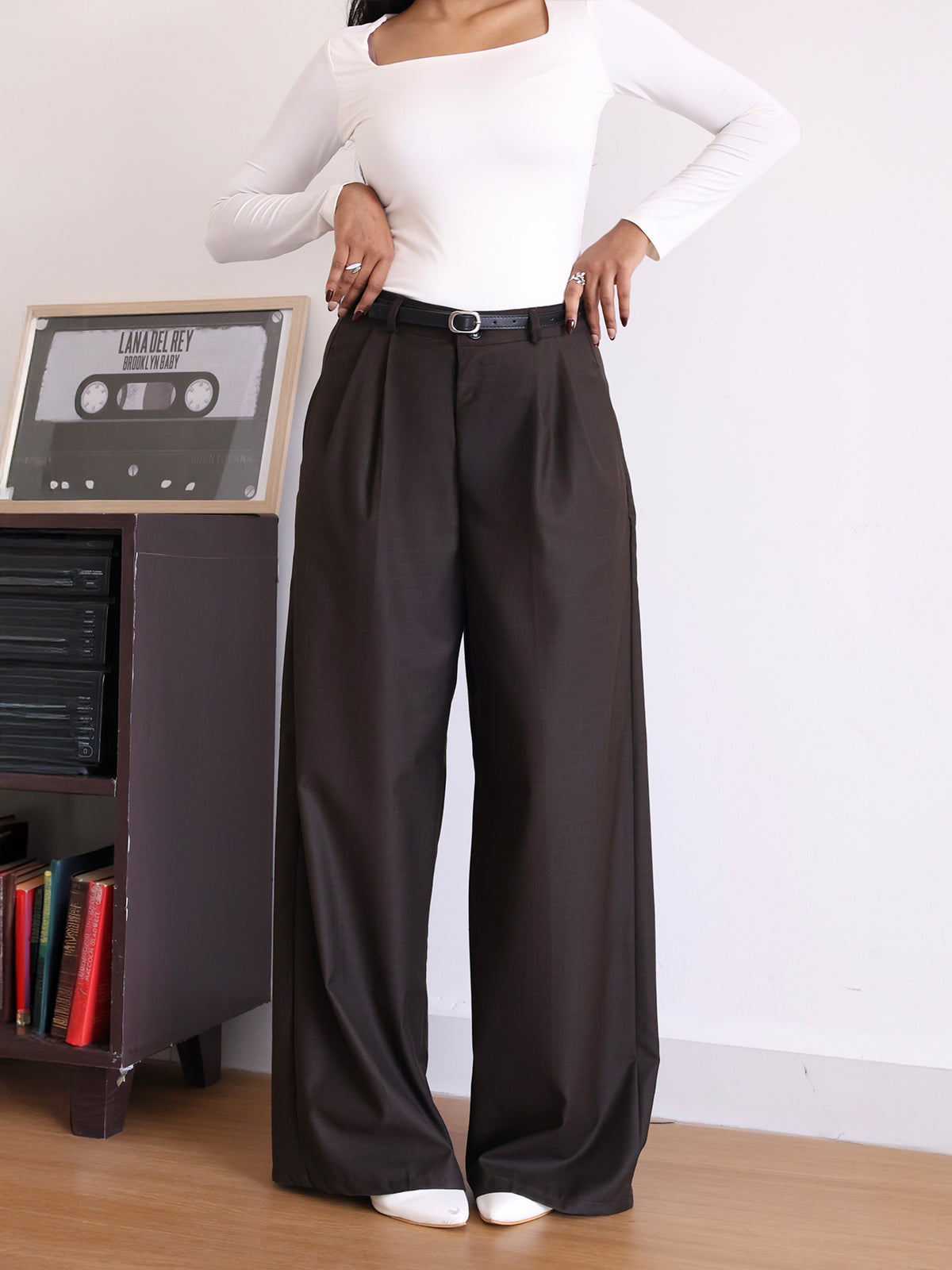 Espresso Brown Belted Wide Leg Korean Pant