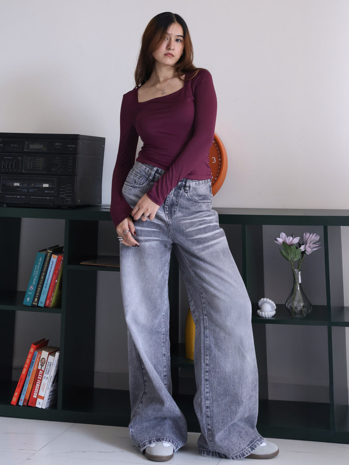 Plum Square Neck Long Sleeve Slim Fit Top