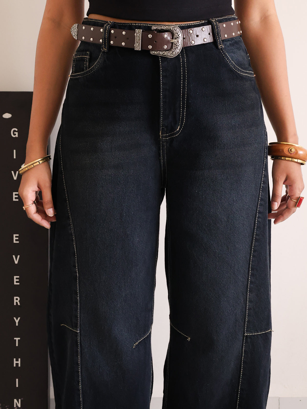 Eclipse Black Panelled Wide Leg Jeans