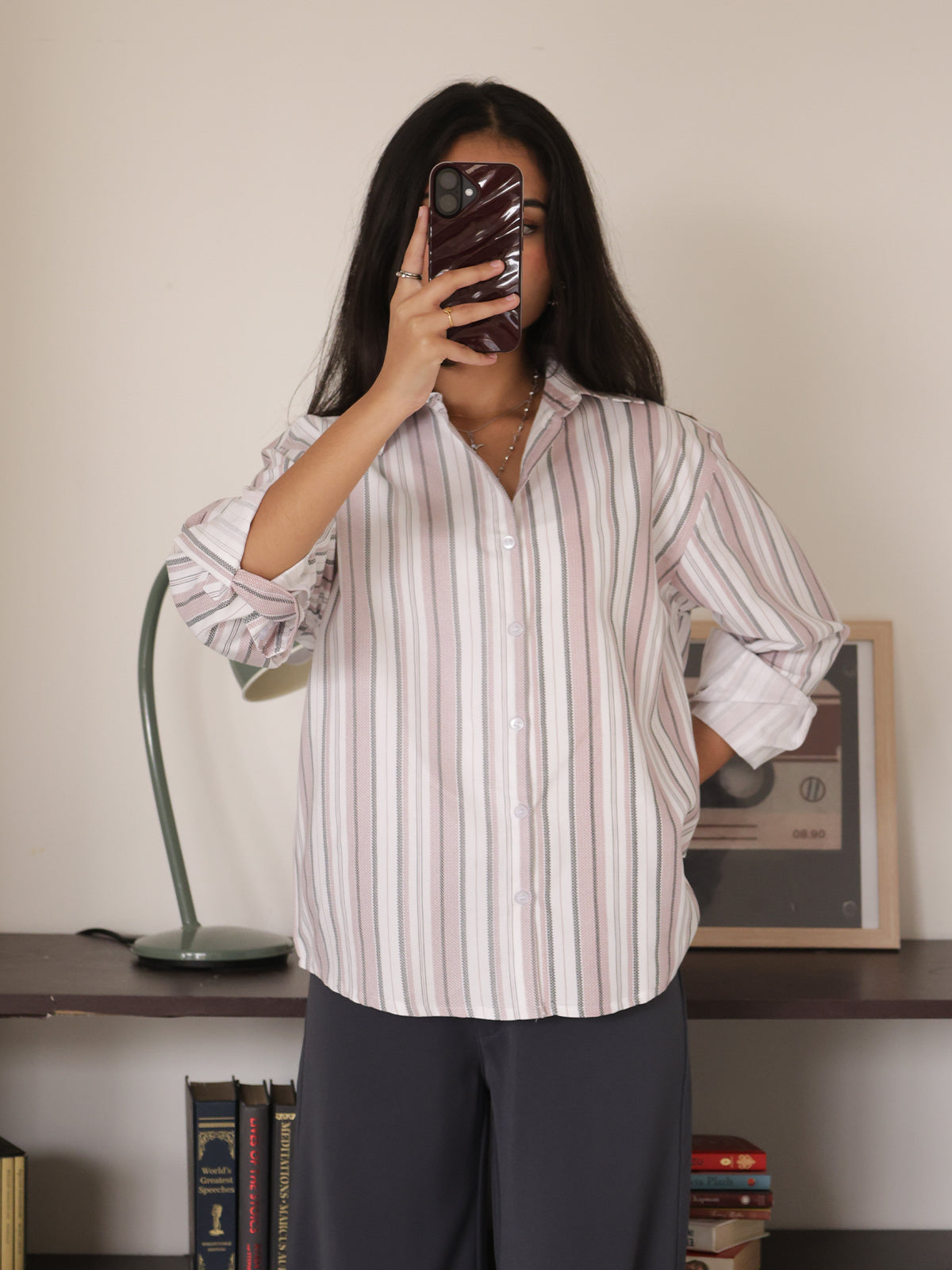 White & Pink Striped Dad Fit Shirt