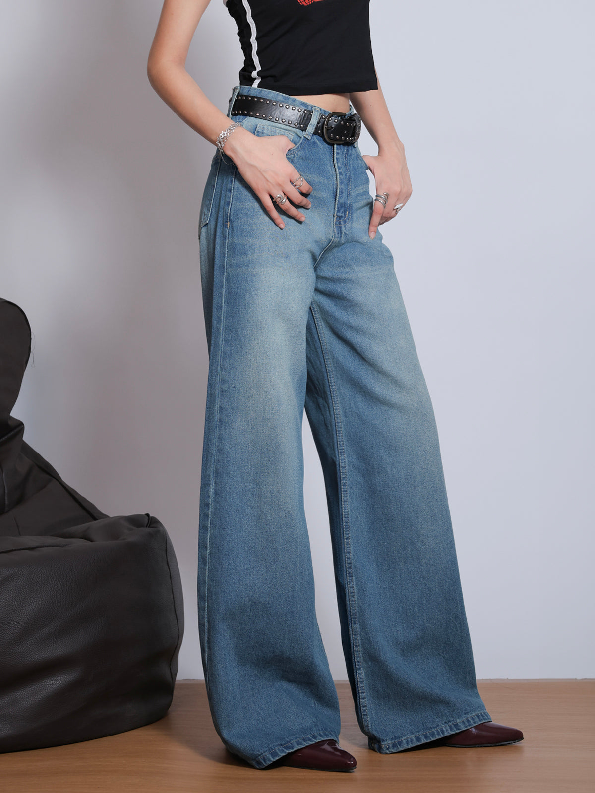 Aqua Blue Vintage Washed Super Wide Leg Jeans 