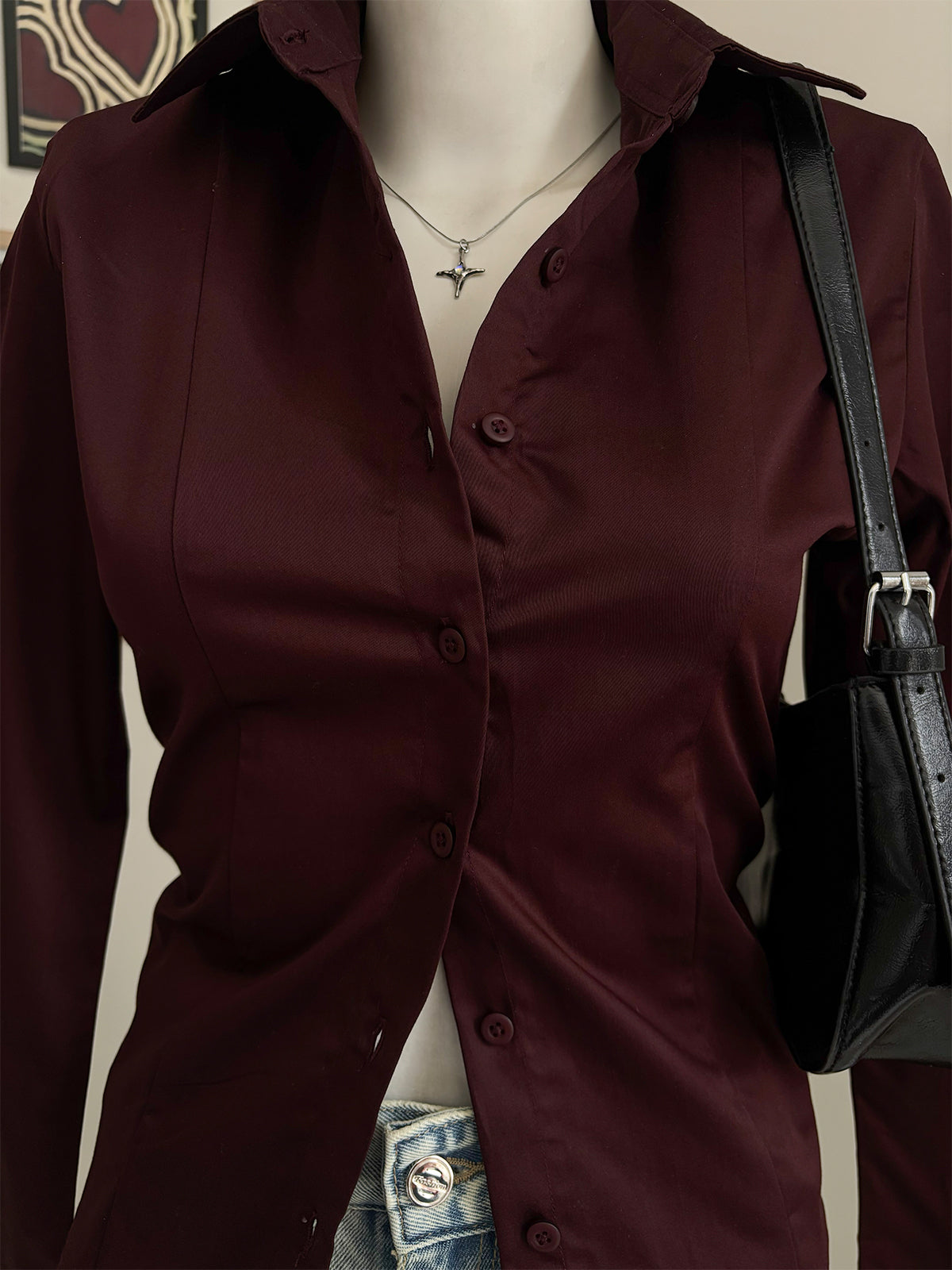 Deep Cherry Flared Sleeve Y2K Fitted Shirt