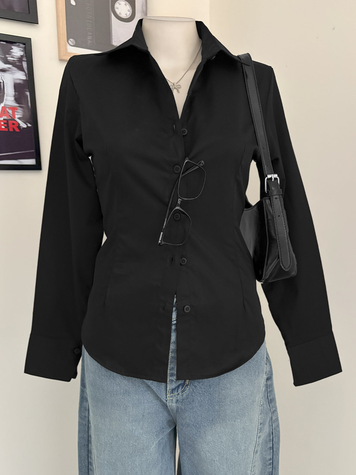 Black Long Sleeve Y2K Fitted Shirt