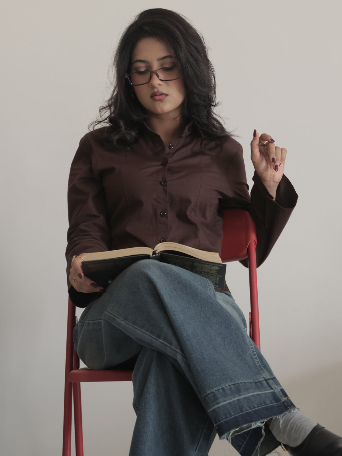 Chocolate Brown Flared Sleeve Y2K Fitted Shirt