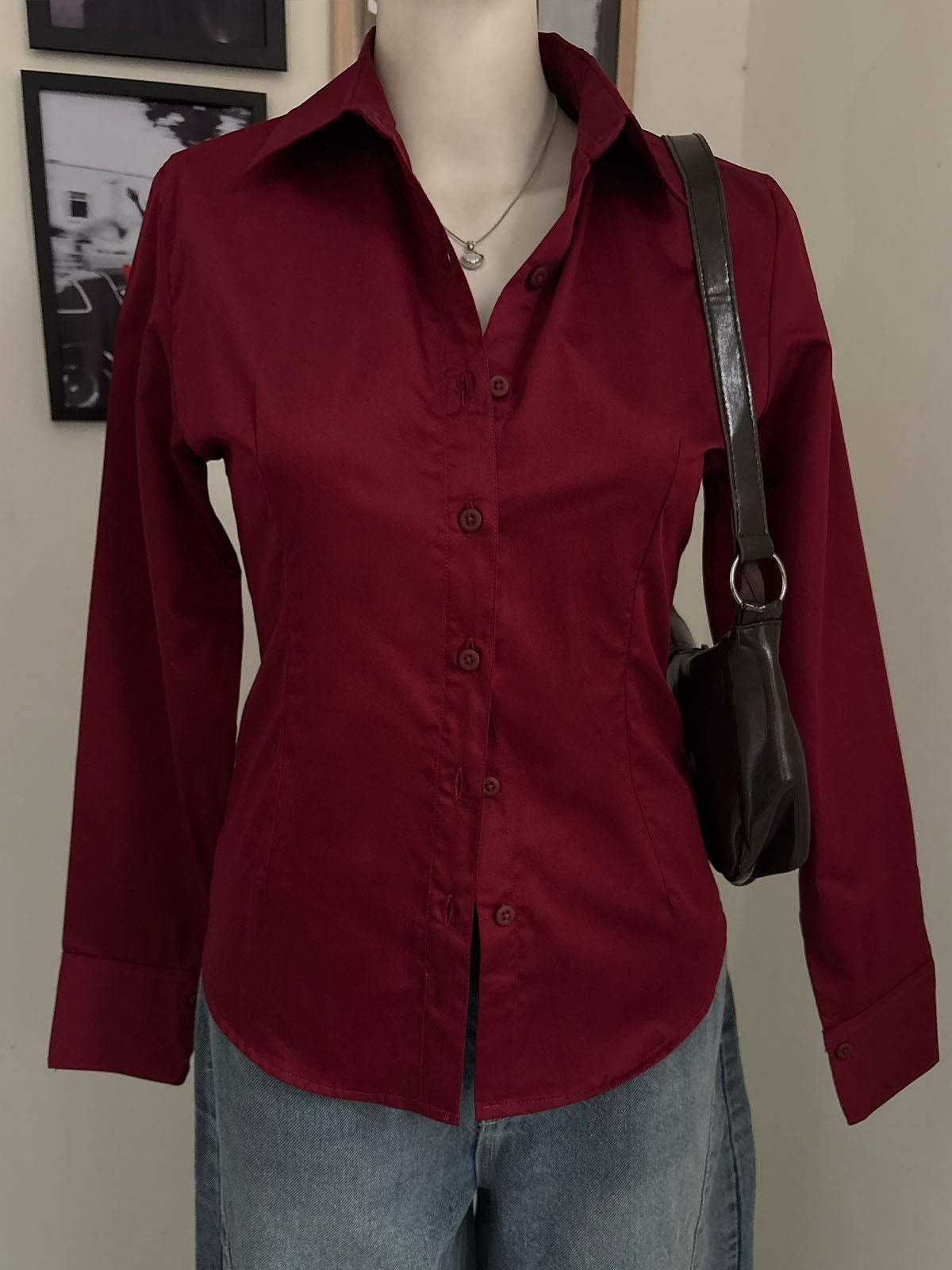 Deep Cherry Long Sleeve Y2K Fitted Shirt