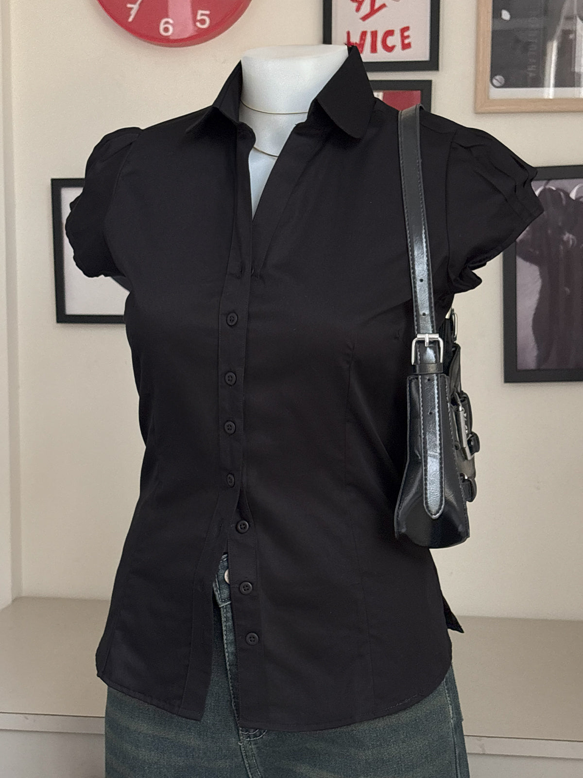 Black Short Sleeve Y2K Fitted Shirt