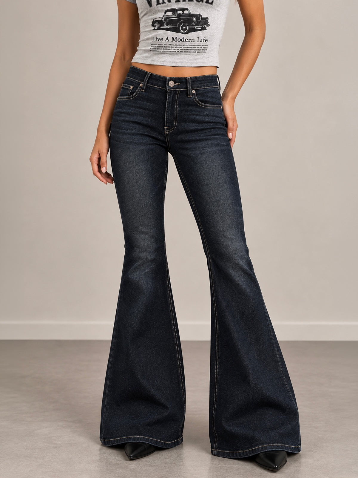 Retro Black Flap Pocket Y2K Bootcut Jeans