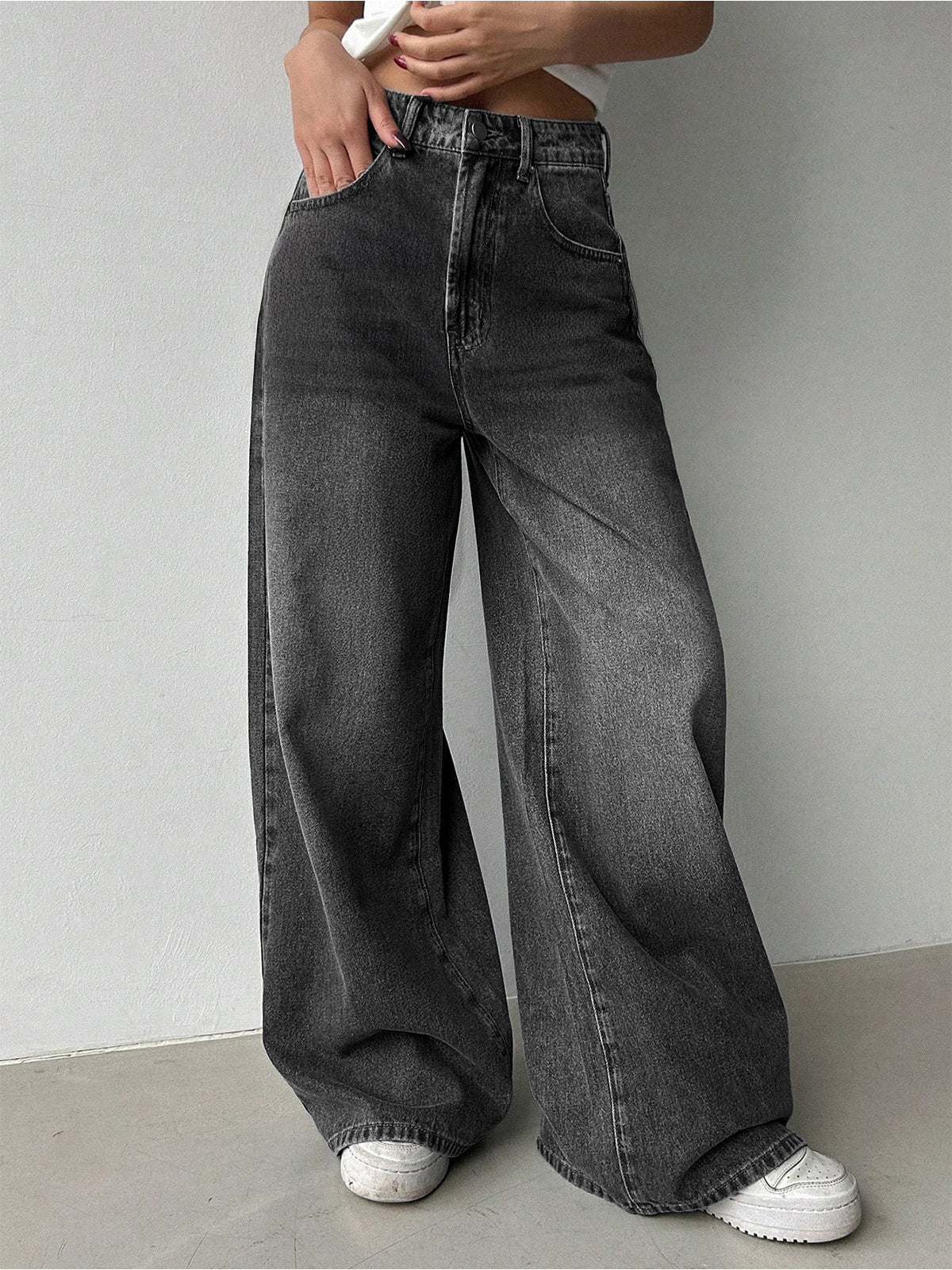 80'S Ash Grey Washed Super Wide Leg Jeans