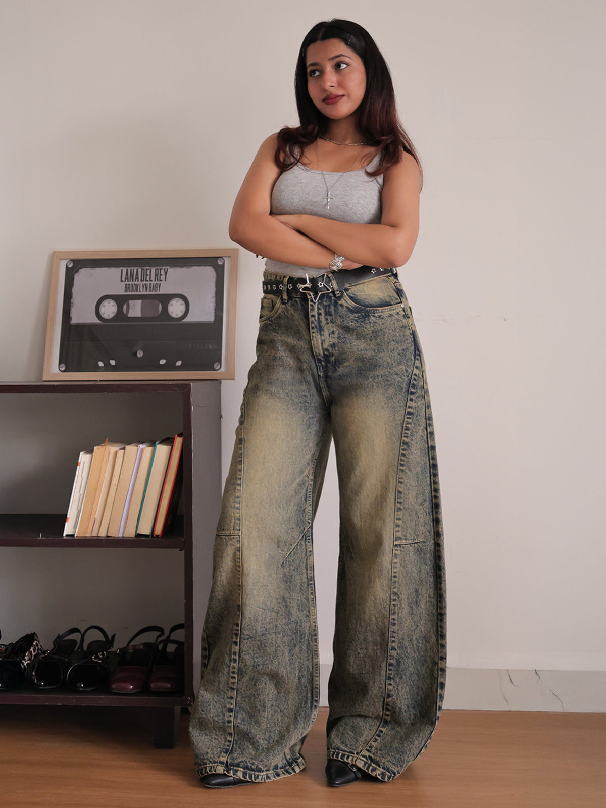 Mercury Blue Washed Panelled Wide Leg Jeans