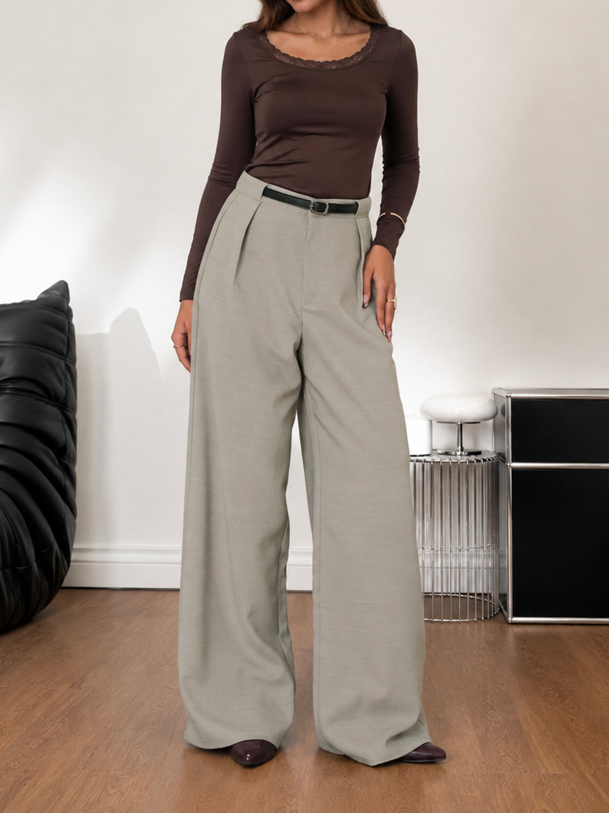Soft Sage Belted Korean Pant