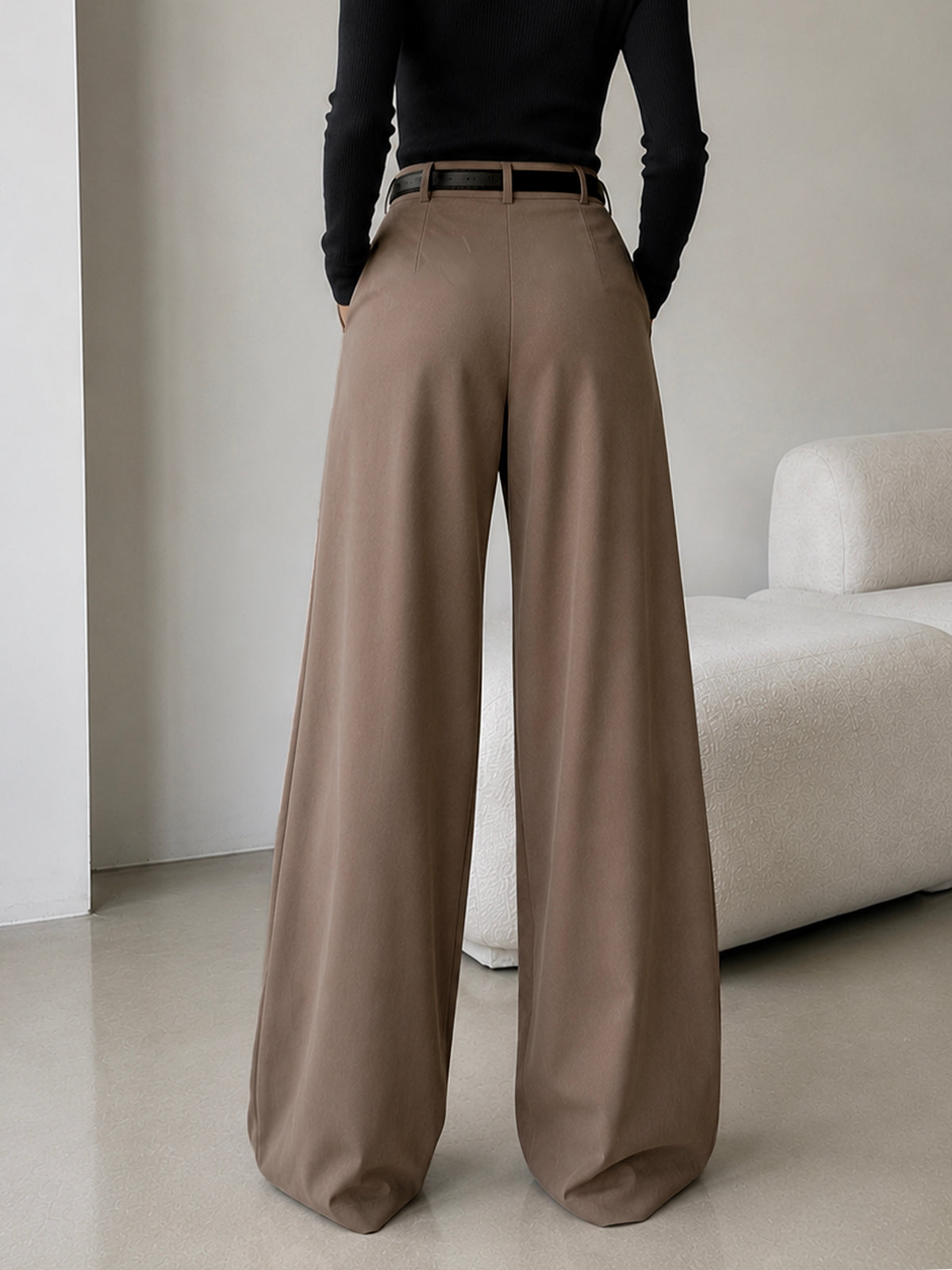 Latte Brown Pleated Wide Leg Korean Pants