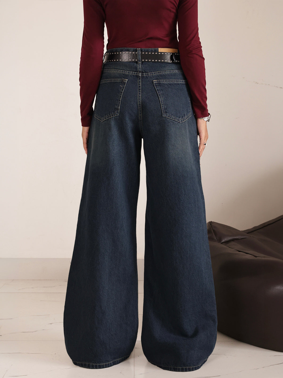 Deep Night Blue Whisker Super Wide Leg Jeans