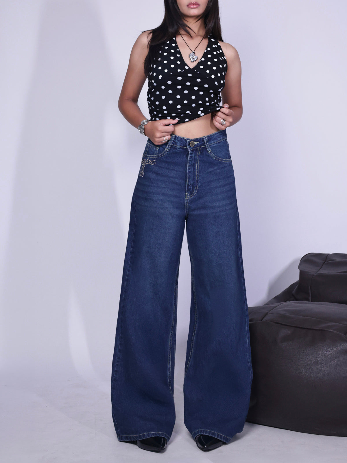 Galaxy Blue Embroidered Wide Leg Jeans