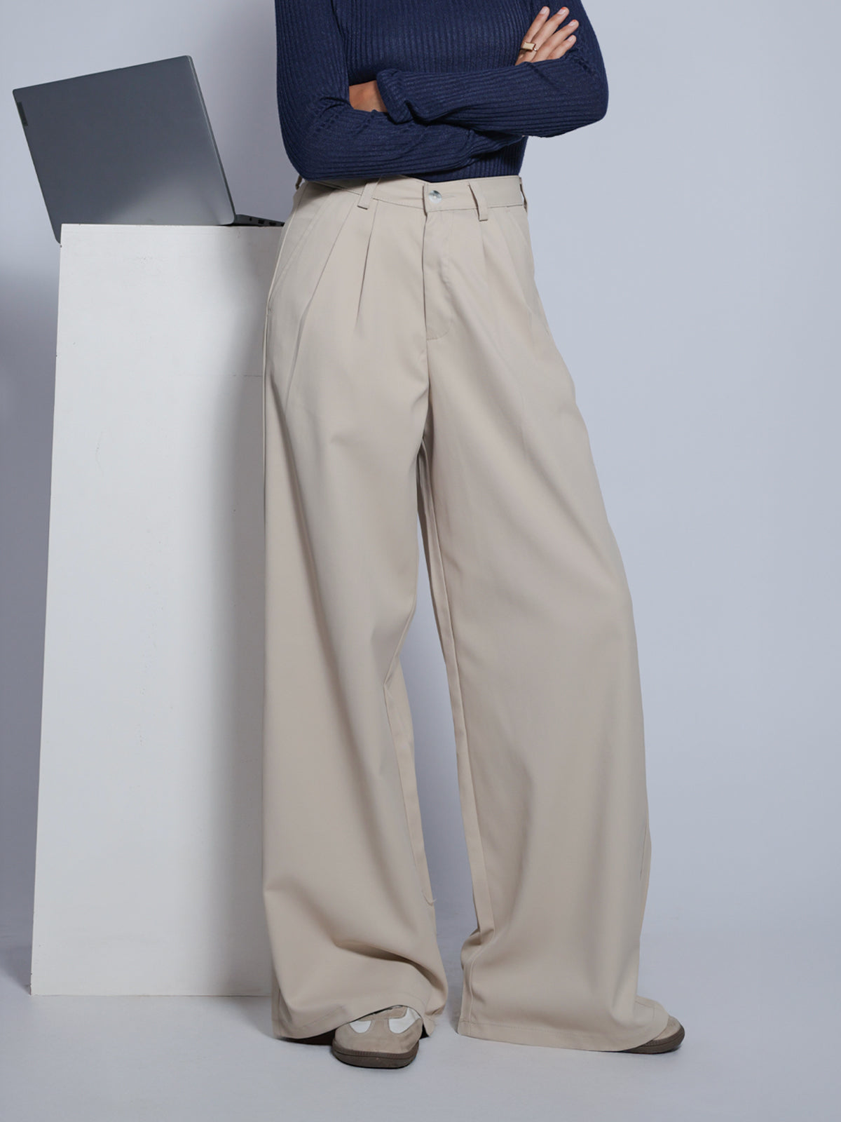 Beige Double Pleated Korean Pant