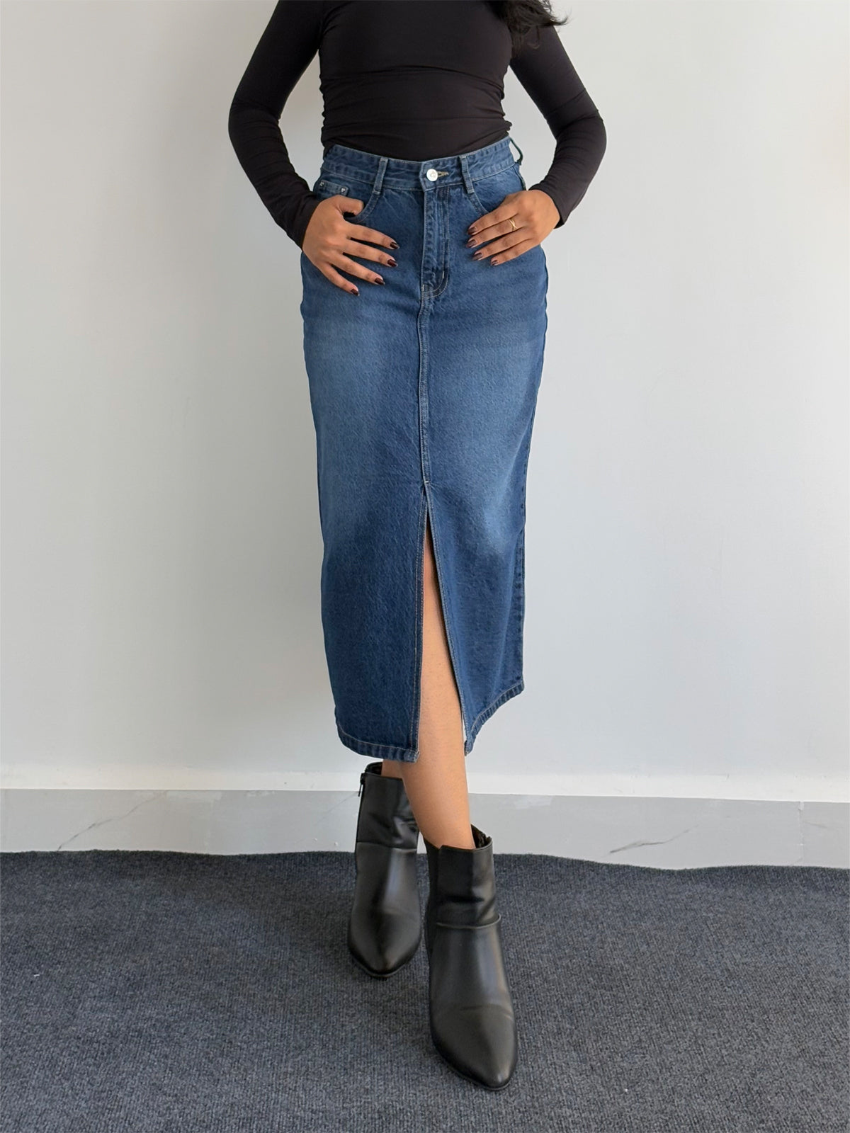 Premium Dark Blue Whisker Midi Skirt