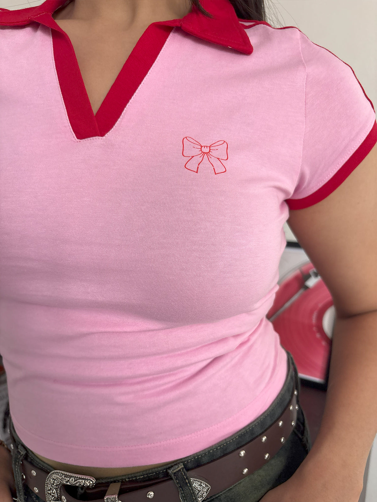 Soft Pink Contrast Detail Bow Graphic Polo Tee