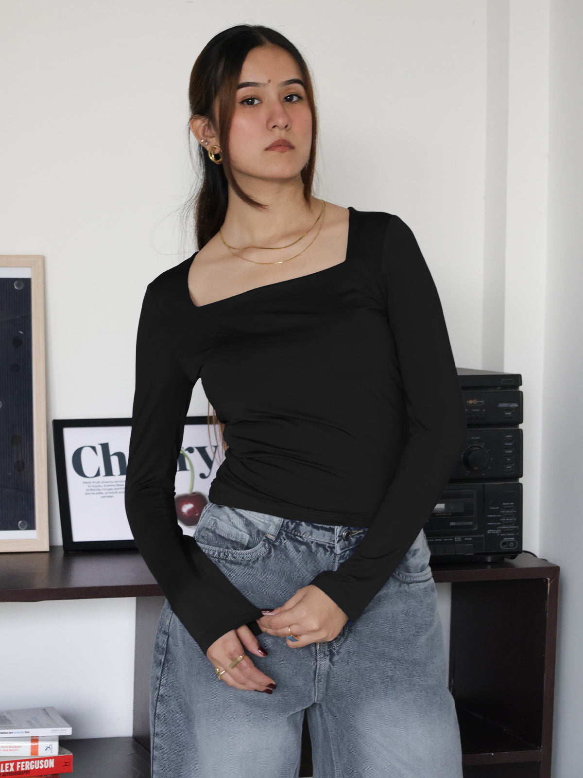 Black Square Neck Long Sleeve Slim Fit Top