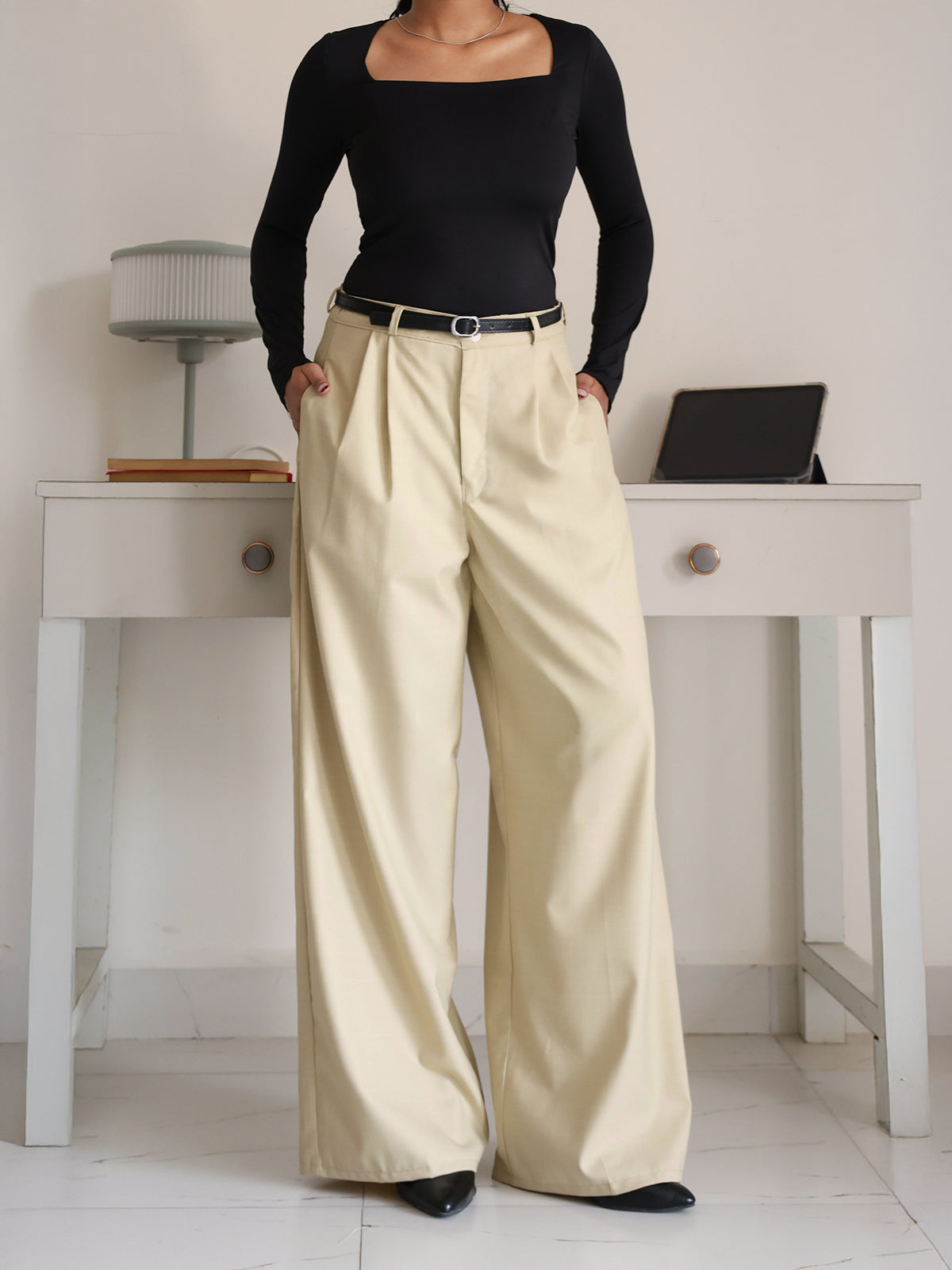 Vanilla Beige Belted Wide Leg Korean Pant