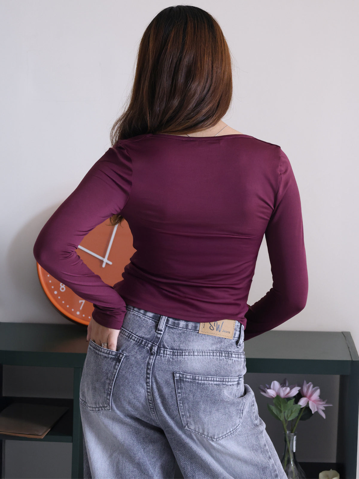 Plum Square Neck Long Sleeve Slim Fit Top