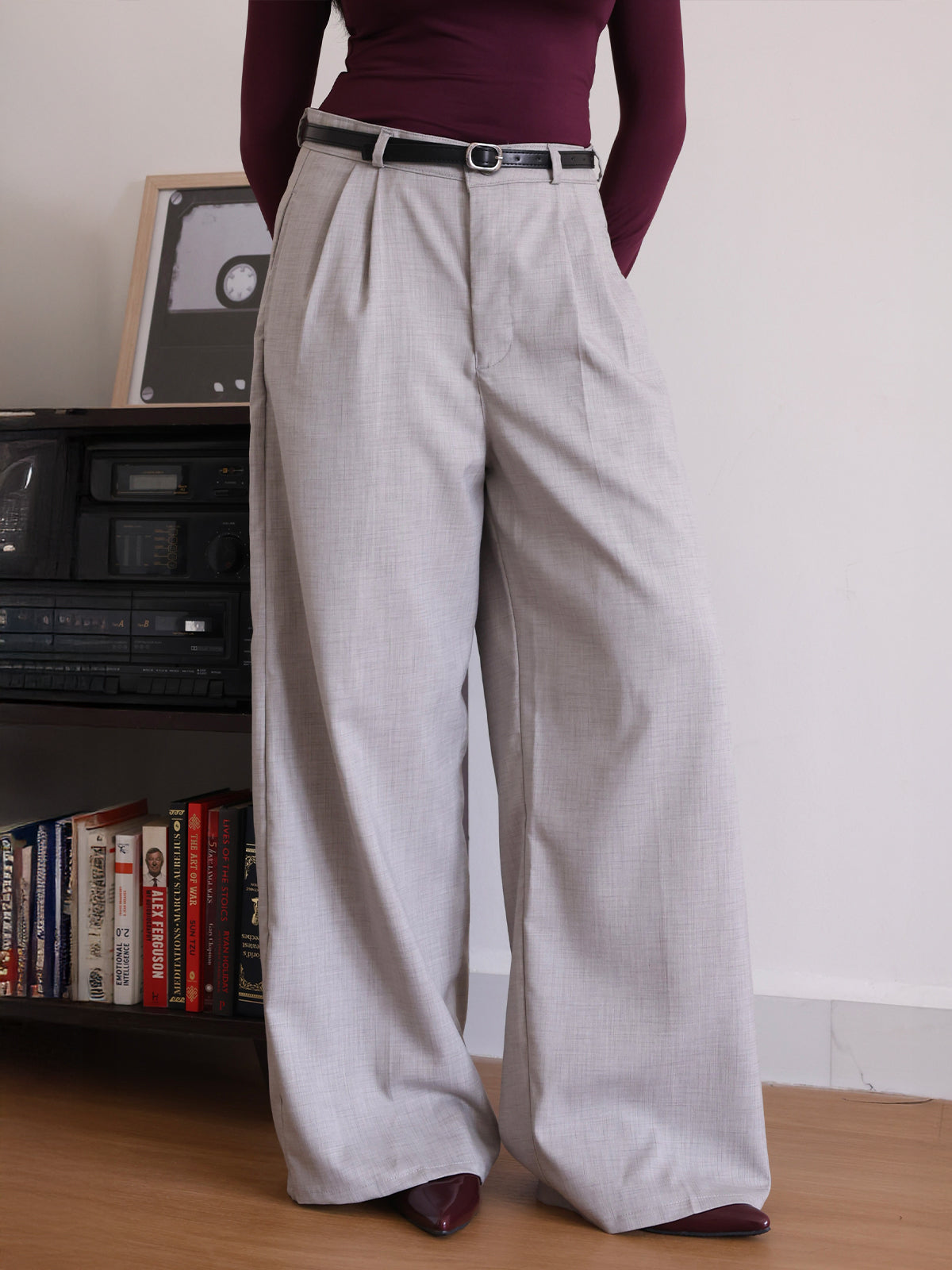 Oat Milk Belted Wide Leg Korean Pant