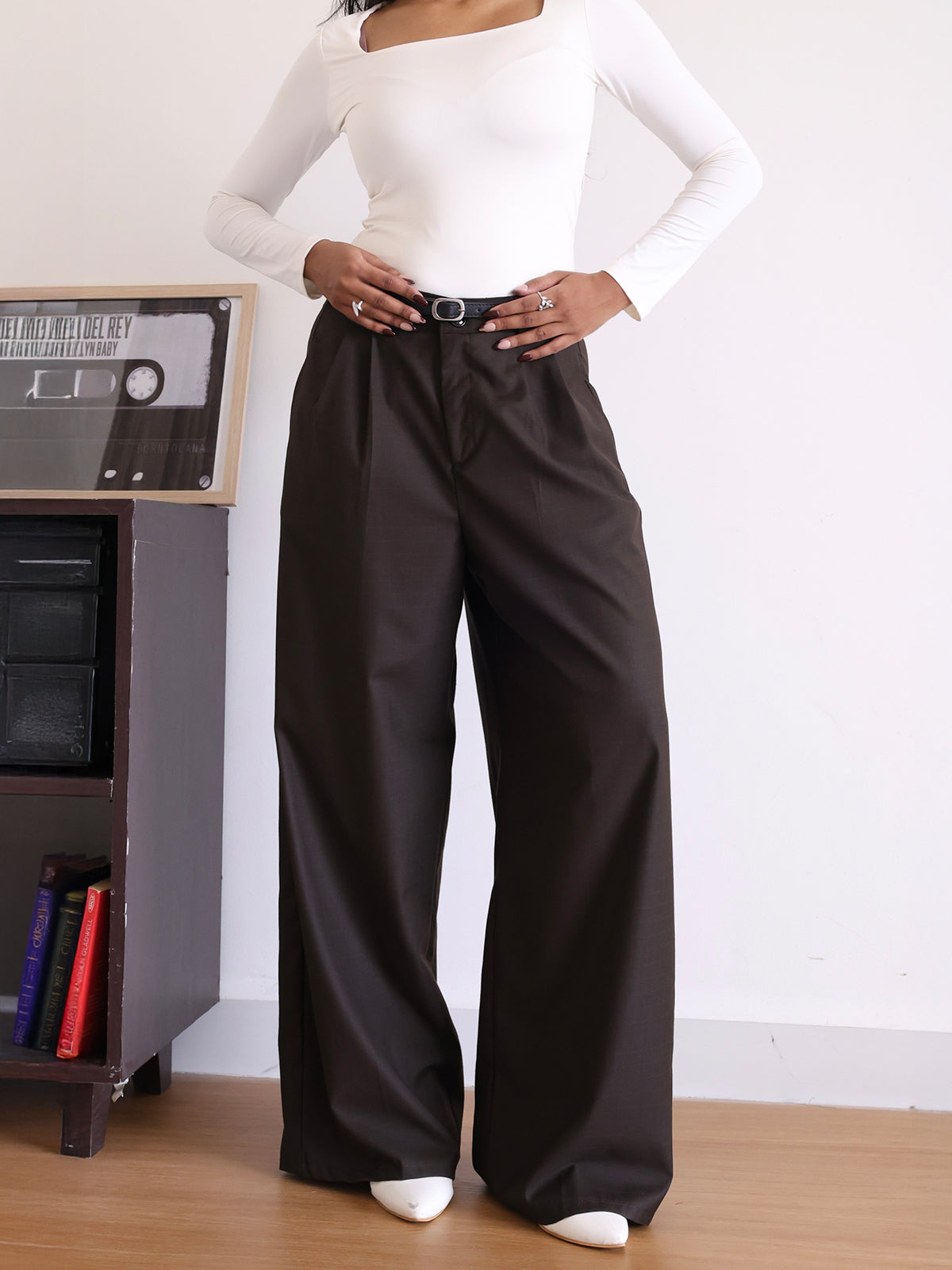 Espresso Brown Belted Wide Leg Korean Pant