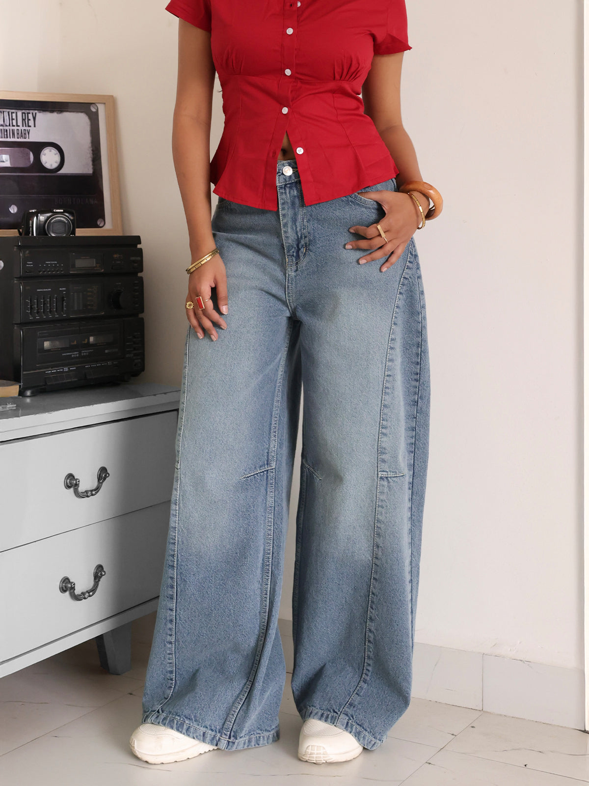 Pastel Blue Washed Panelled Wide Leg Jeans