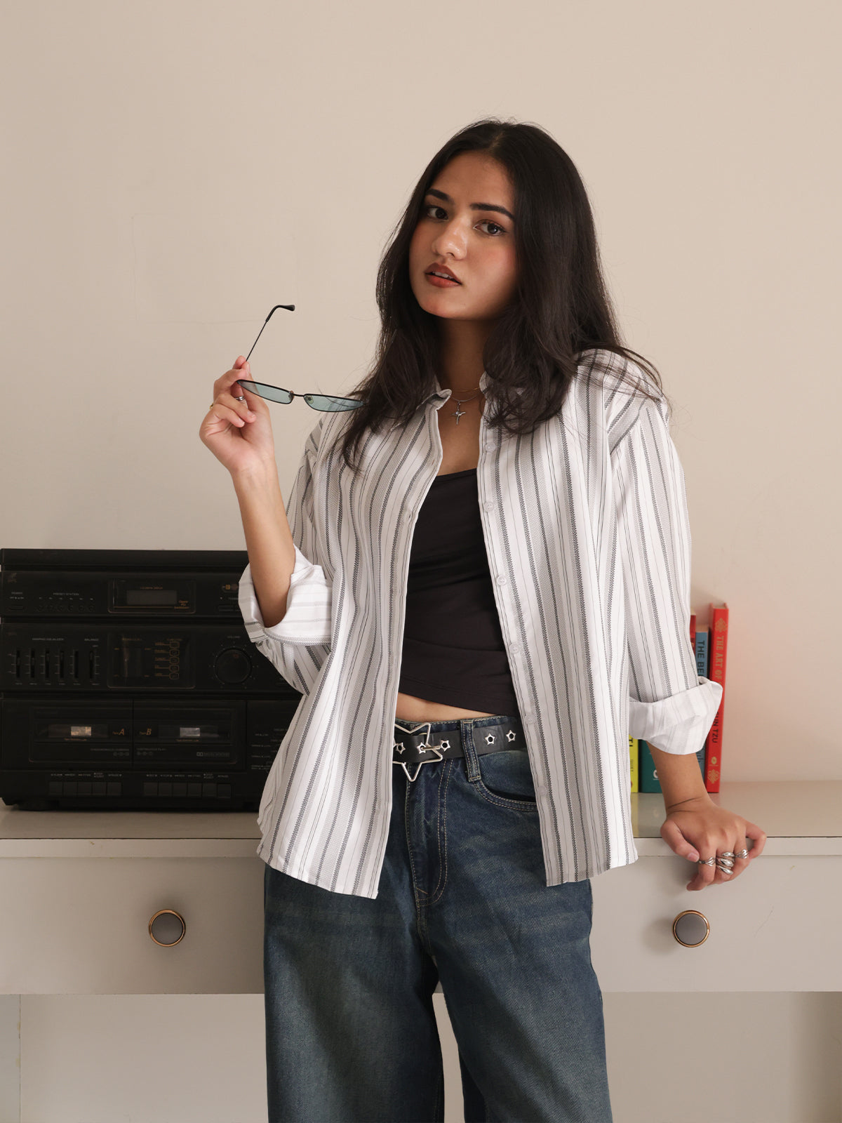 White & Grey Striped Dad Fit Shirt