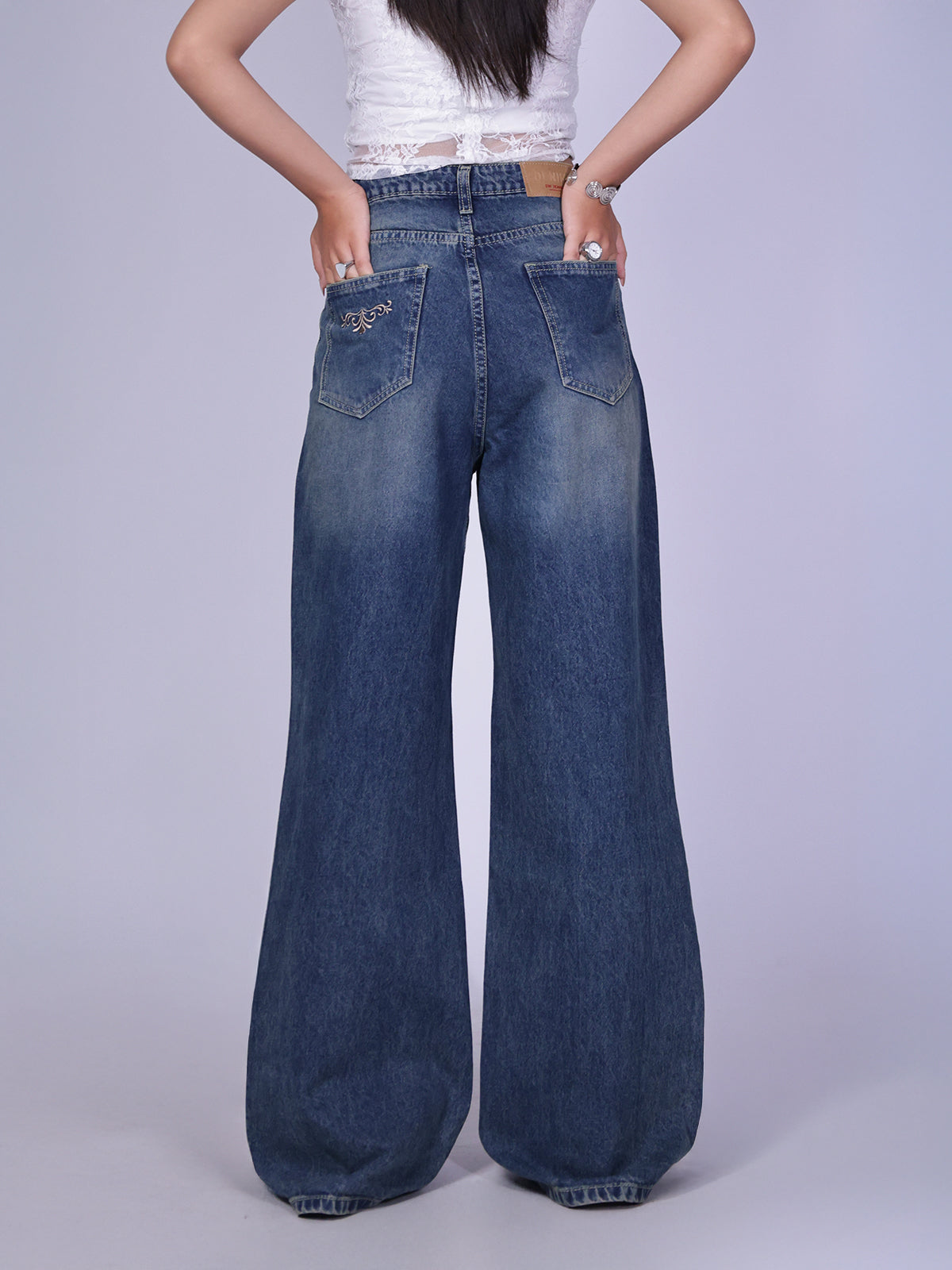 Astral Blue Embroidered Wide Leg Jeans