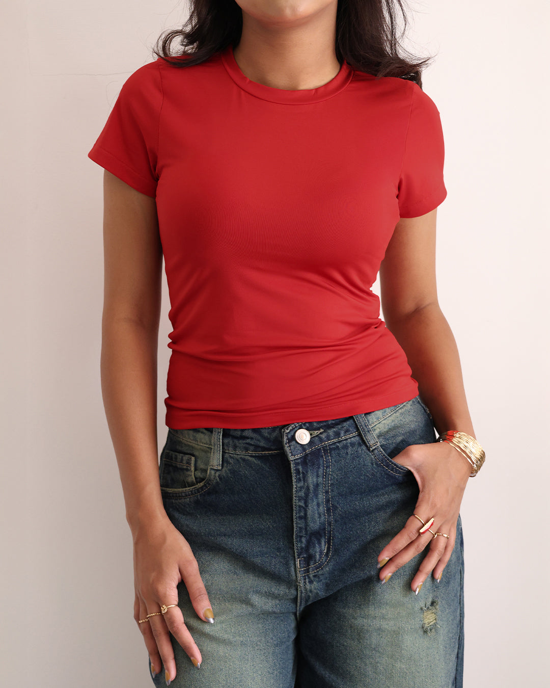 Red Crew Neck Short Sleeve Slim Fit Top