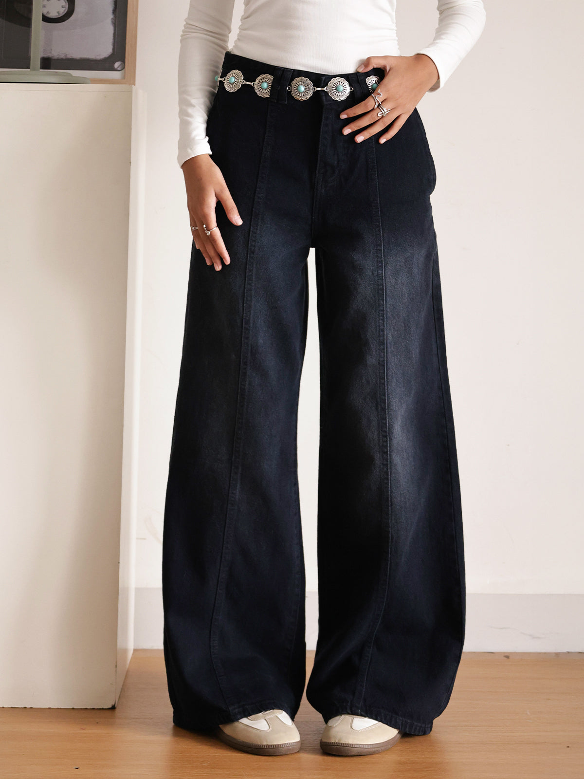 Alaska Black Panelled Super Wide Leg Jeans