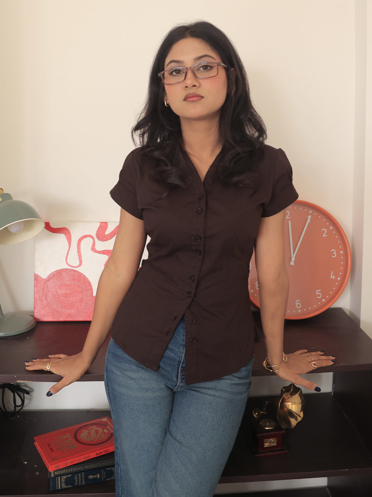 Chocolate Brown Short Sleeve Y2K Fitted Shirt